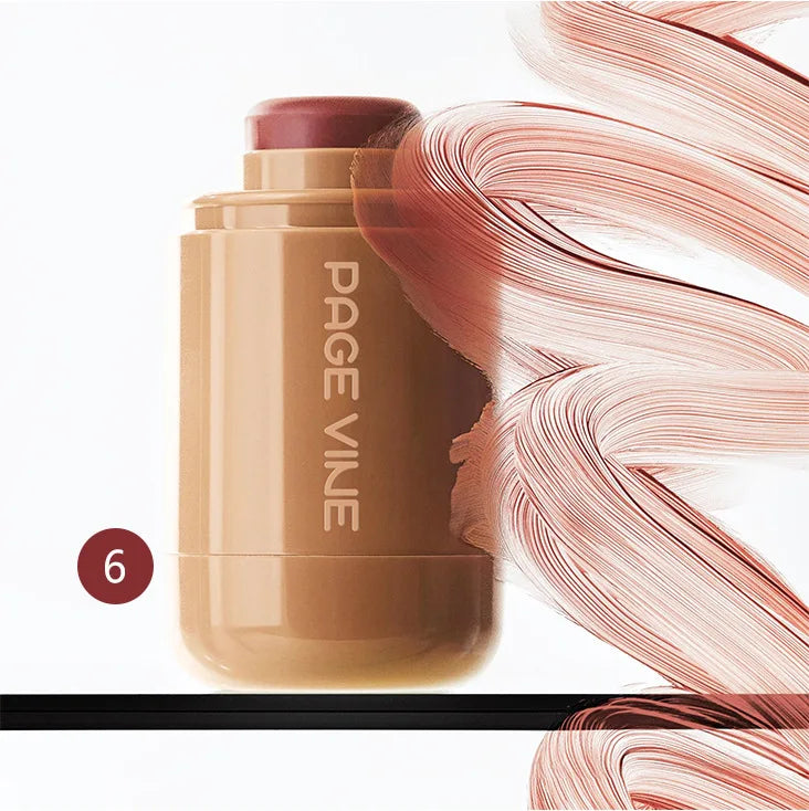 3-in-1 Cheek Lip Tinted Moistured Blush in stick form with a smooth texture and swatches of color.
